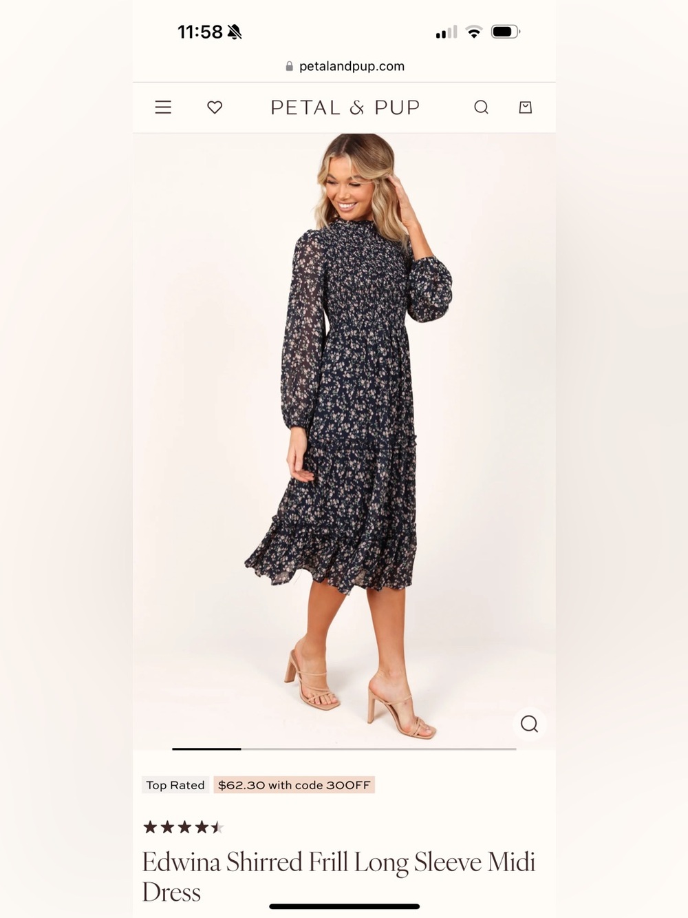 NWT: Petal & Pup Black Navy Floral Shirred Midi Dress